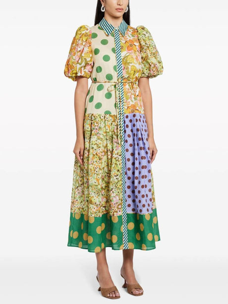 Aurohaya Exquisite Retro Floral Print Puff Sleeve Midi Dress