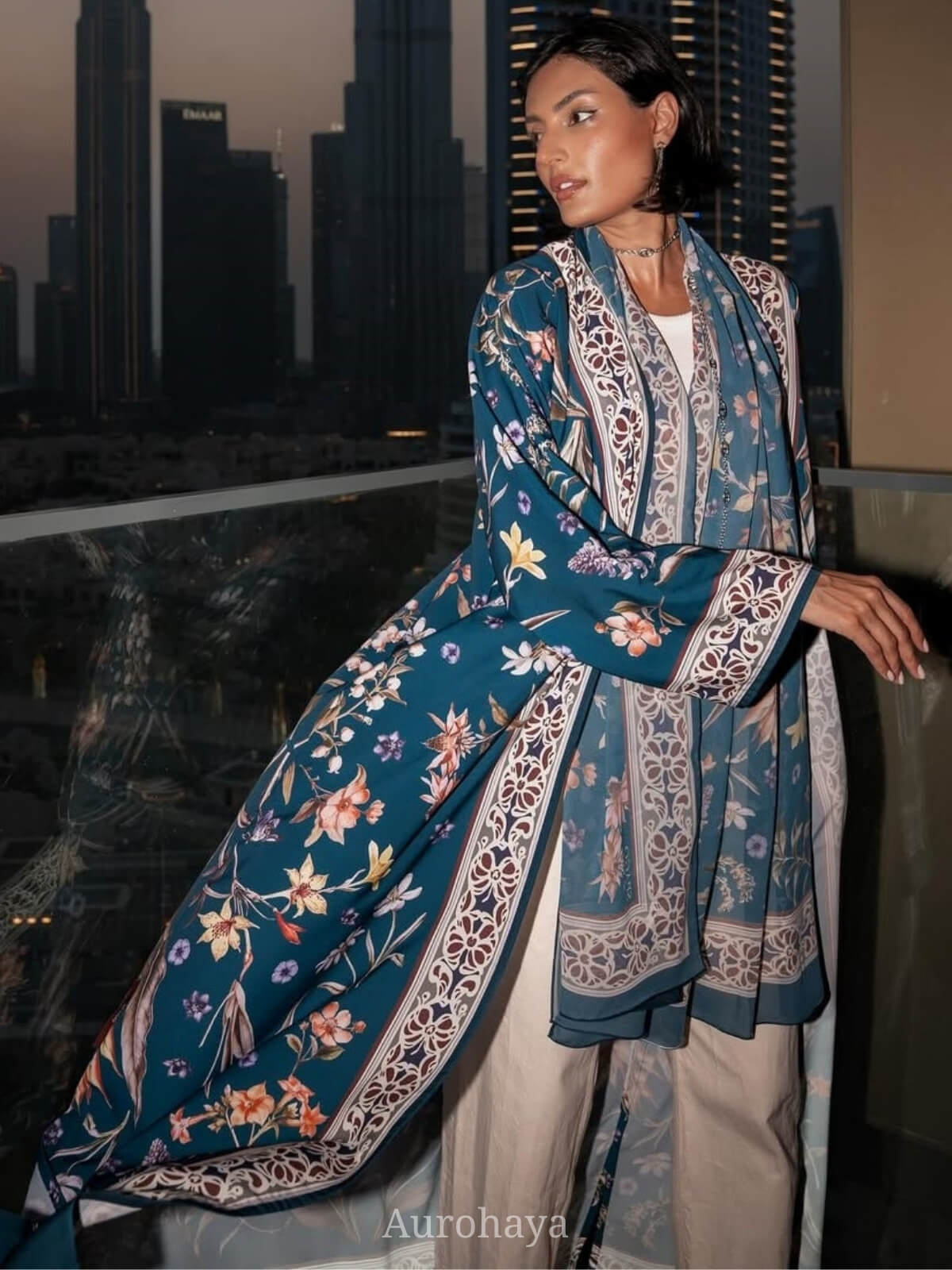 Floral Printed Open Abaya with Hijab 2-Piece Set