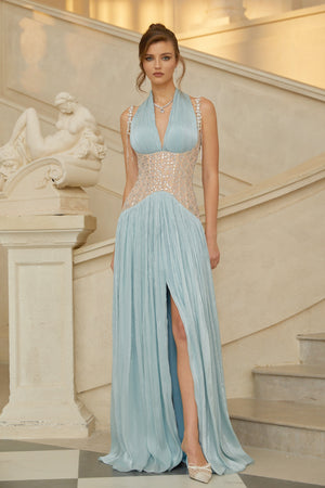 Aurohaya Gwenaëlle Green Rhinestone Panel Maxi Dress