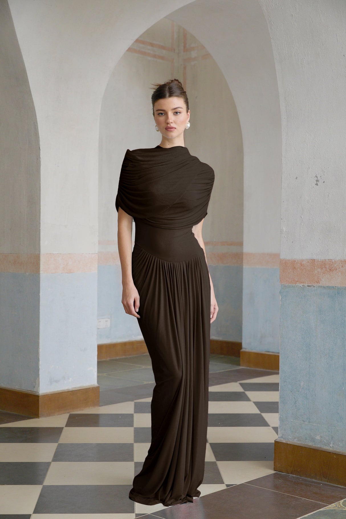 Aurohaya Catherine asymmetrical pleated maxi dress in Brown