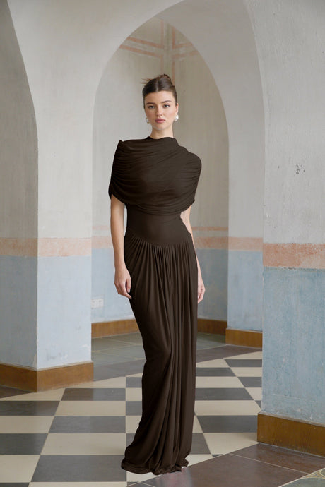 Aurohaya Catherine asymmetrical pleated maxi dress in Brown