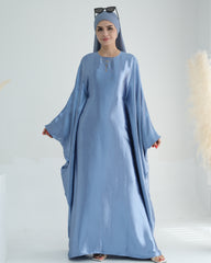 Wrinkled Satin Sky Blue Butterfly Abaya Dress
