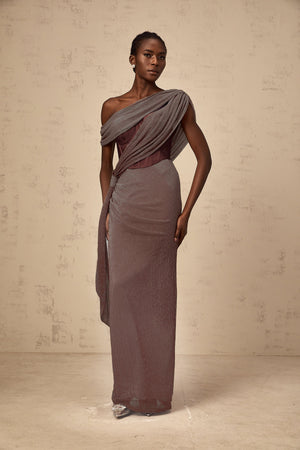 Aurohaya Delphine ribbon-design corset maxi dress in Brown
