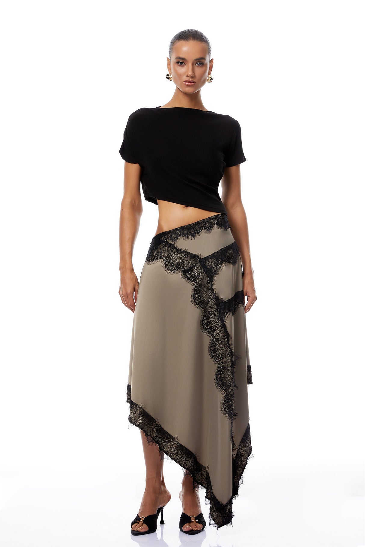 Aurohaya Fiamma Black Gathered Lace Panel Maxi Dress