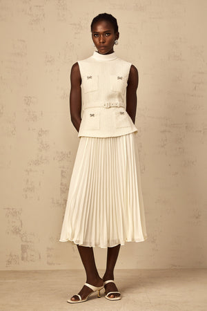 Aurohaya Dulcie Off-White Tulle Panel Tweed Midi Dress