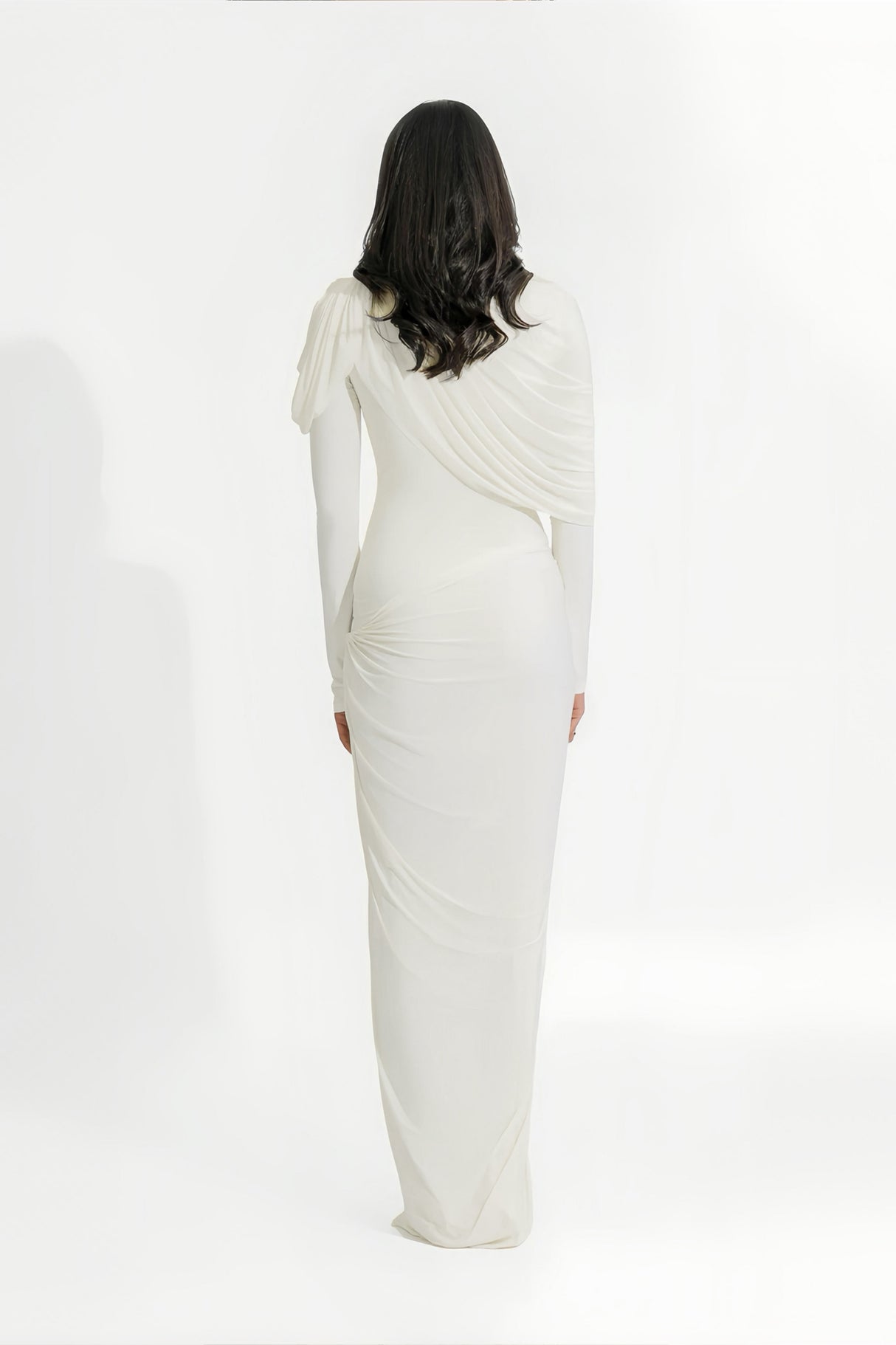 Aurohaya Bronwyn White Draped Pleated Asymmetrical Maxi Dress