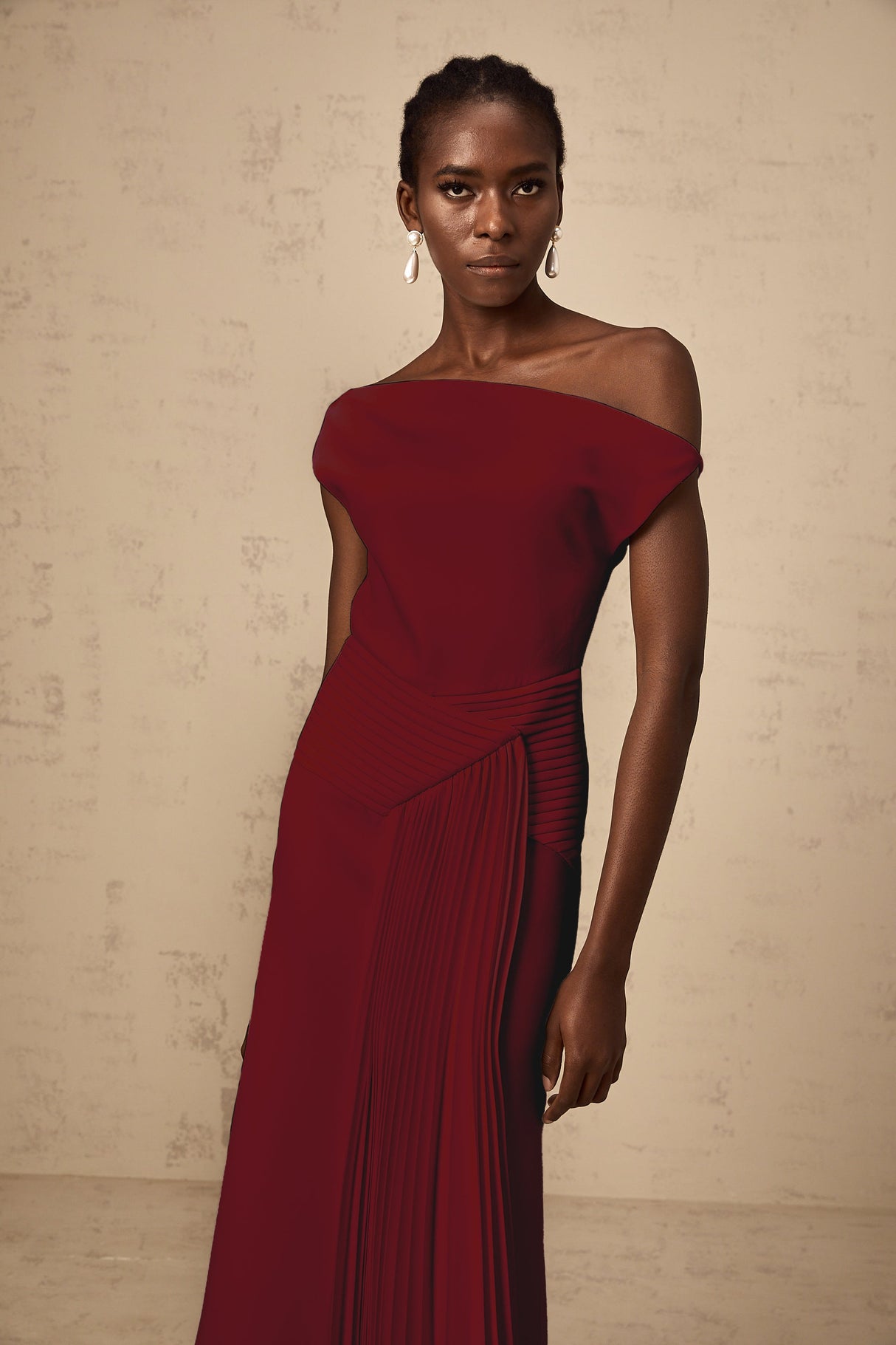 Aurohaya Laurine asymmetrical draped midi dress in Burgundy