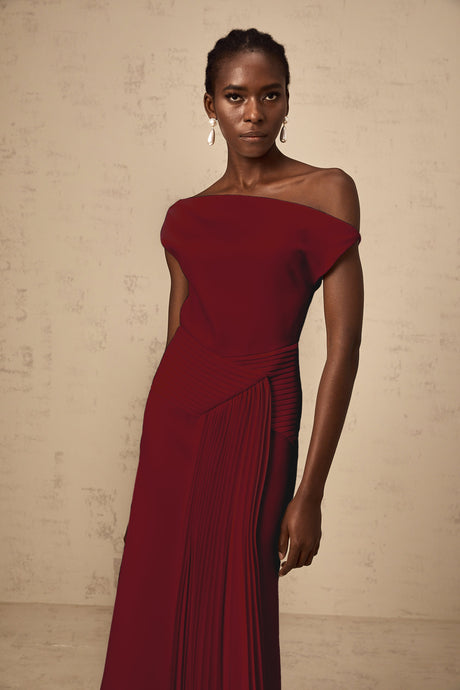 Aurohaya Laurine asymmetrical draped midi dress in Burgundy