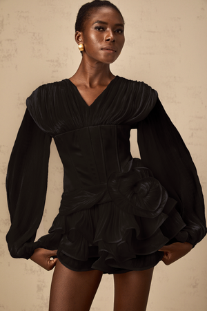 Aurohaya Rosier Black Fully Pleated Cinched Mini Dress