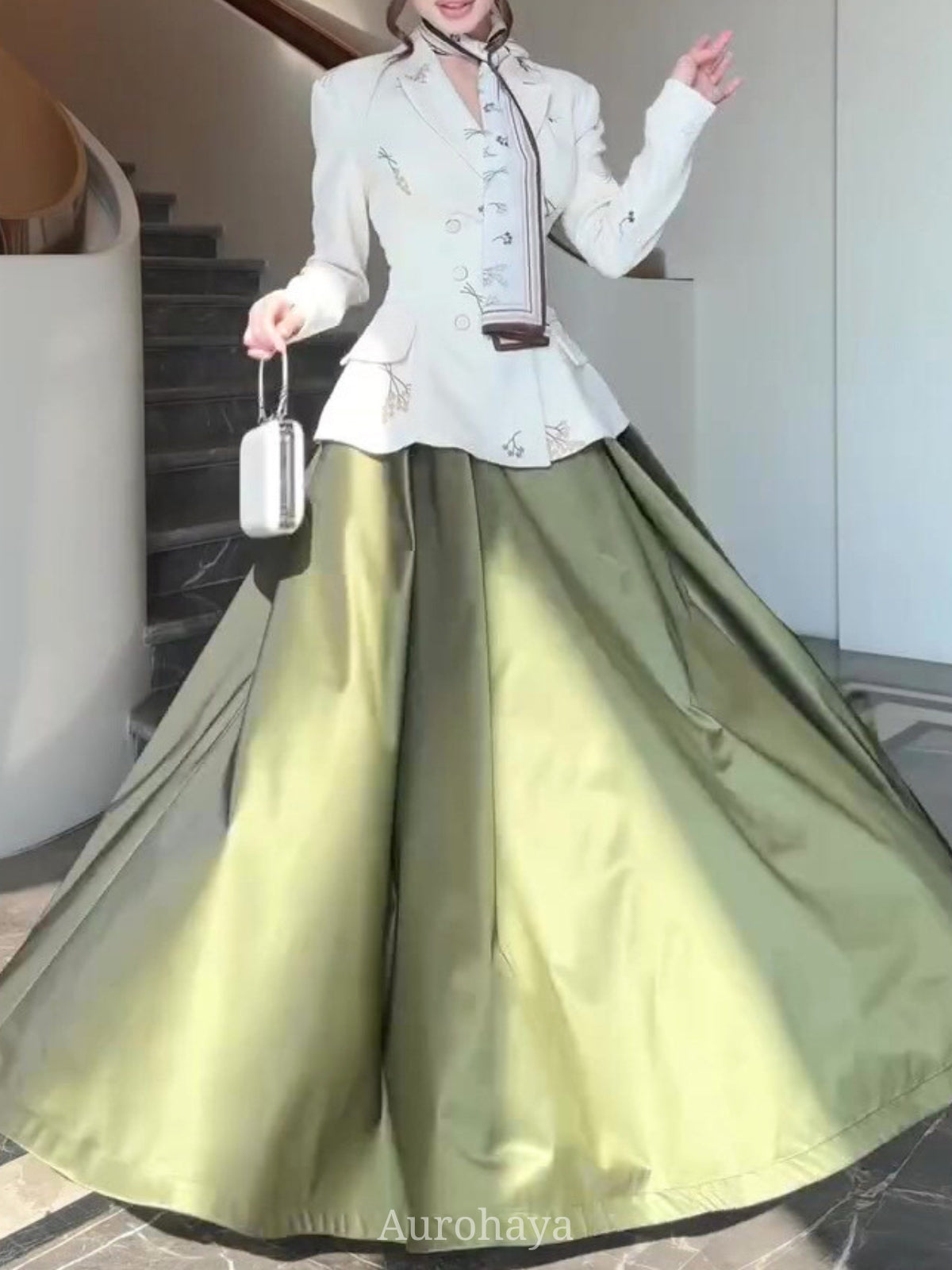 Olive Satin A-Line Full-Circle Maxi Skirt, DES119 [Pre Sale]