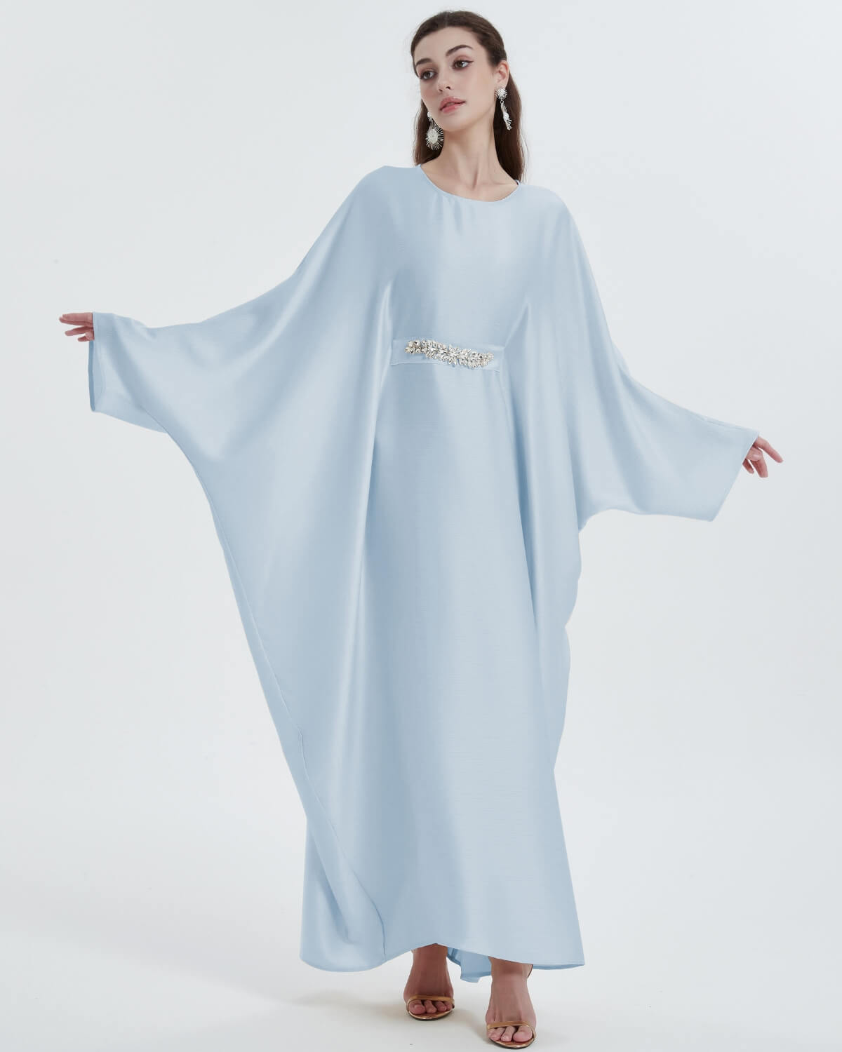 Elegant Satin Maxi Butterfly Abaya Crystal-Embellished Modest Dress