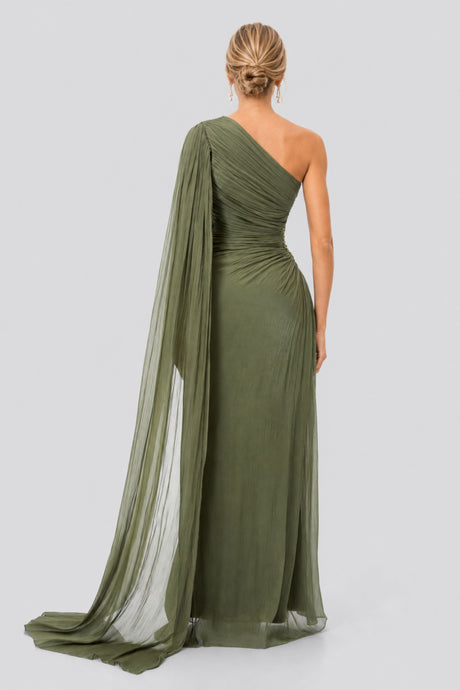 Tiphaine One Shoulder Ruched Maxi Dress / Green