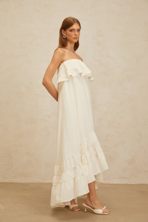 Aurohaya Bénédicte White Vibrant Off Shoulder Shirred Maxi Dress