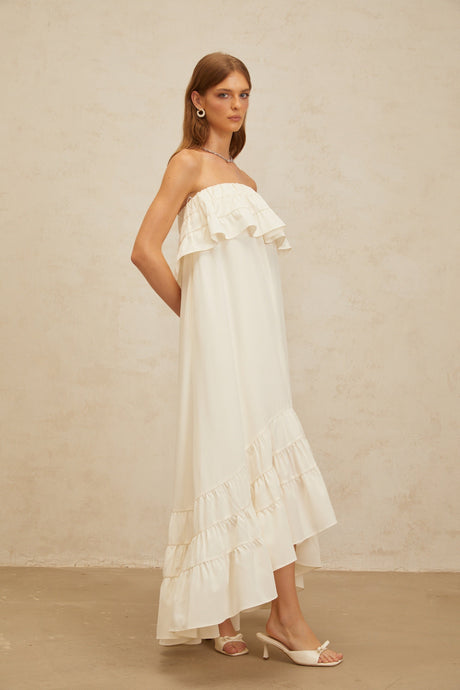 Aurohaya Bénédicte White Vibrant Off Shoulder Shirred Maxi Dress