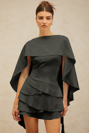 Aurohaya Lyna Black Satin Ruffled Mini Dress with Shawl Panel Detail