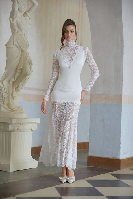 Aurohaya Airelle White Satin Panel Lace Maxi Dress