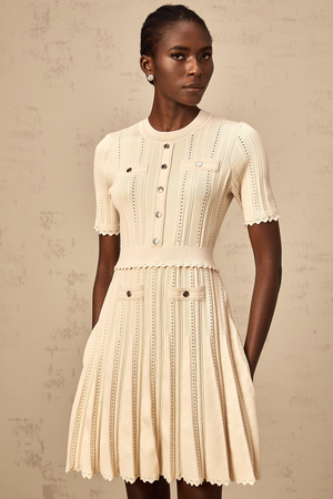 Aurohaya Amélie neutrals pointelle-trim pleated knit mini dress