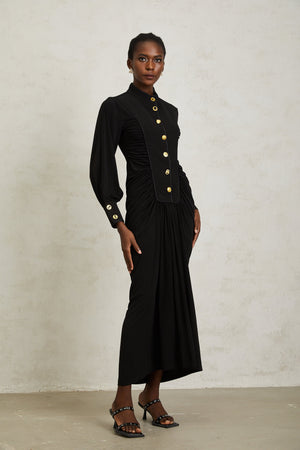 Aurohaya Brooklyn Black Gathered Draped Maxi Dress