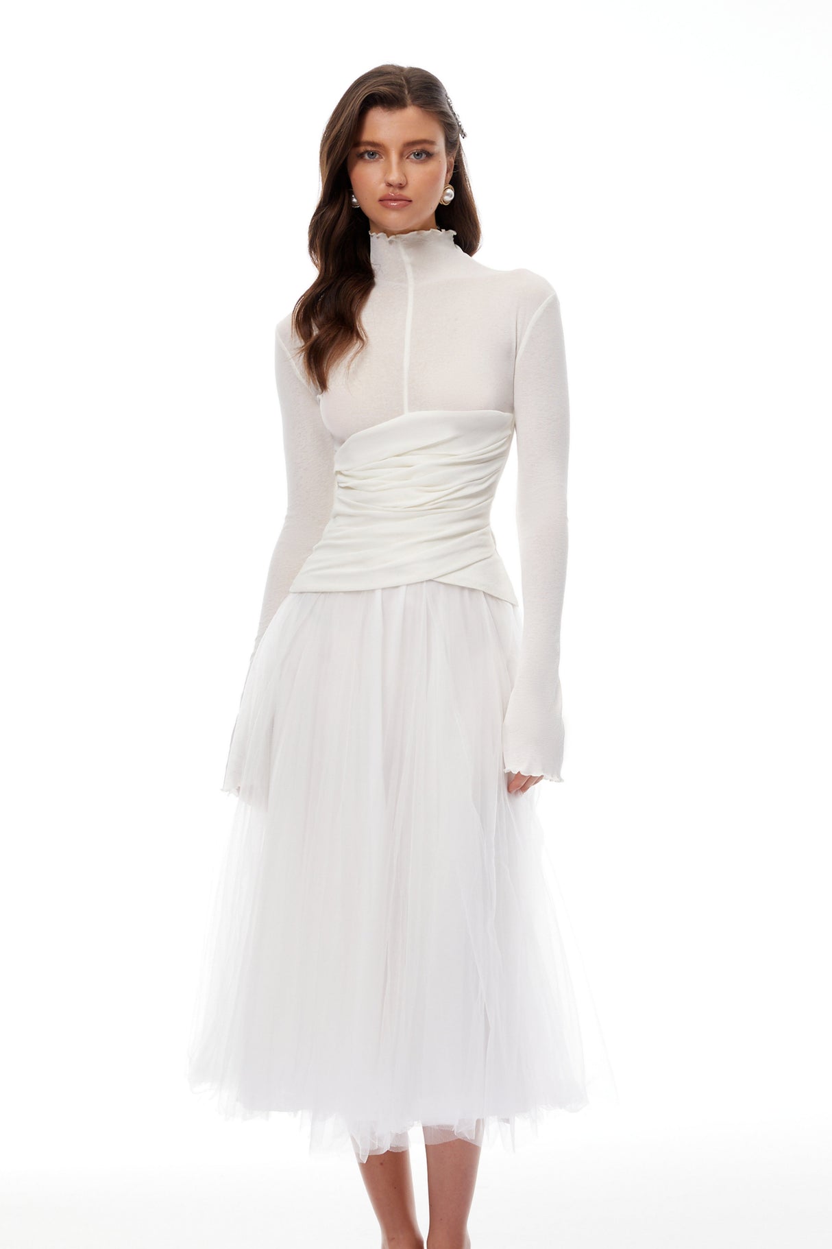 Aurohaya Lark White Tulle Panel Knit Midi Dress