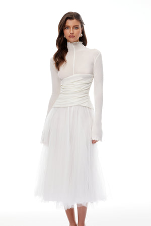 Aurohaya Lark White Tulle Panel Knit Midi Dress