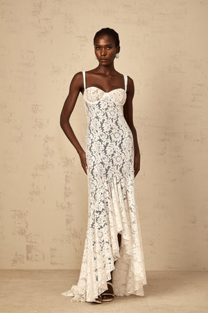 Aurohaya Abbie White Floral Lace Bustier Maxi Dress