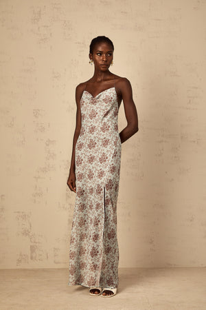 Aurohaya Honorine Blue Sleeveless Floral Print Maxi Dress