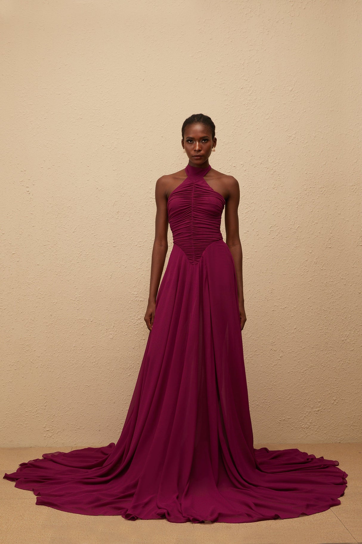 Aurohaya Kerstin Purple Train Design Ruched Maxi Dress
