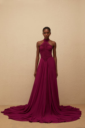 Aurohaya Kerstin Purple Train Design Ruched Maxi Dress