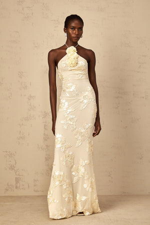 Aurohaya Melanie Neutrals Embroidered Halterneck Maxi Dress