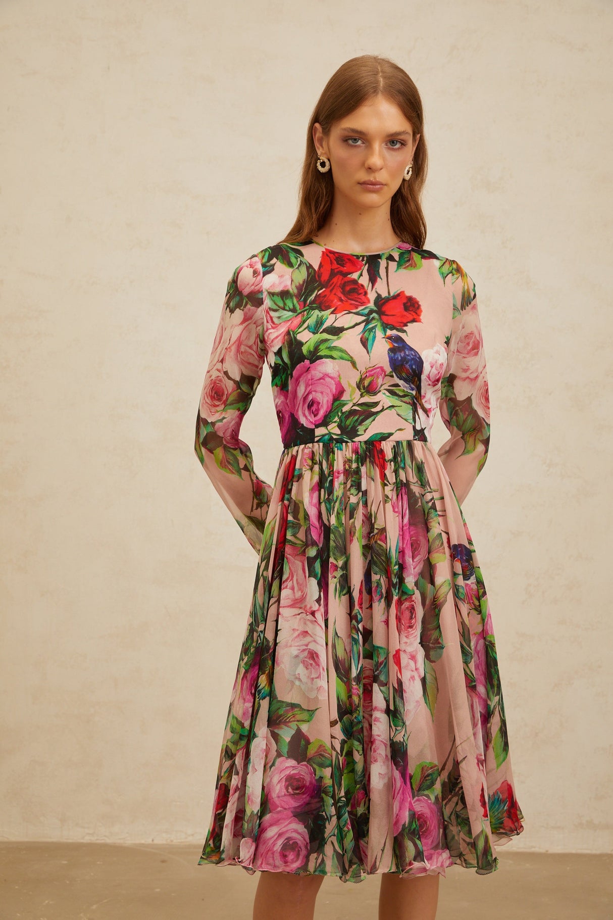 Aurohaya Coralie Pink Rose Print Summer Silk Midi Dress