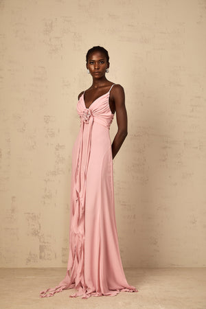 Aurohaya Ysandre Soft-Pink 3D Petal Tulle Maxi Dress