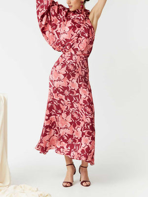 Aurohaya Elegant Painted Floral Print Midi Dress