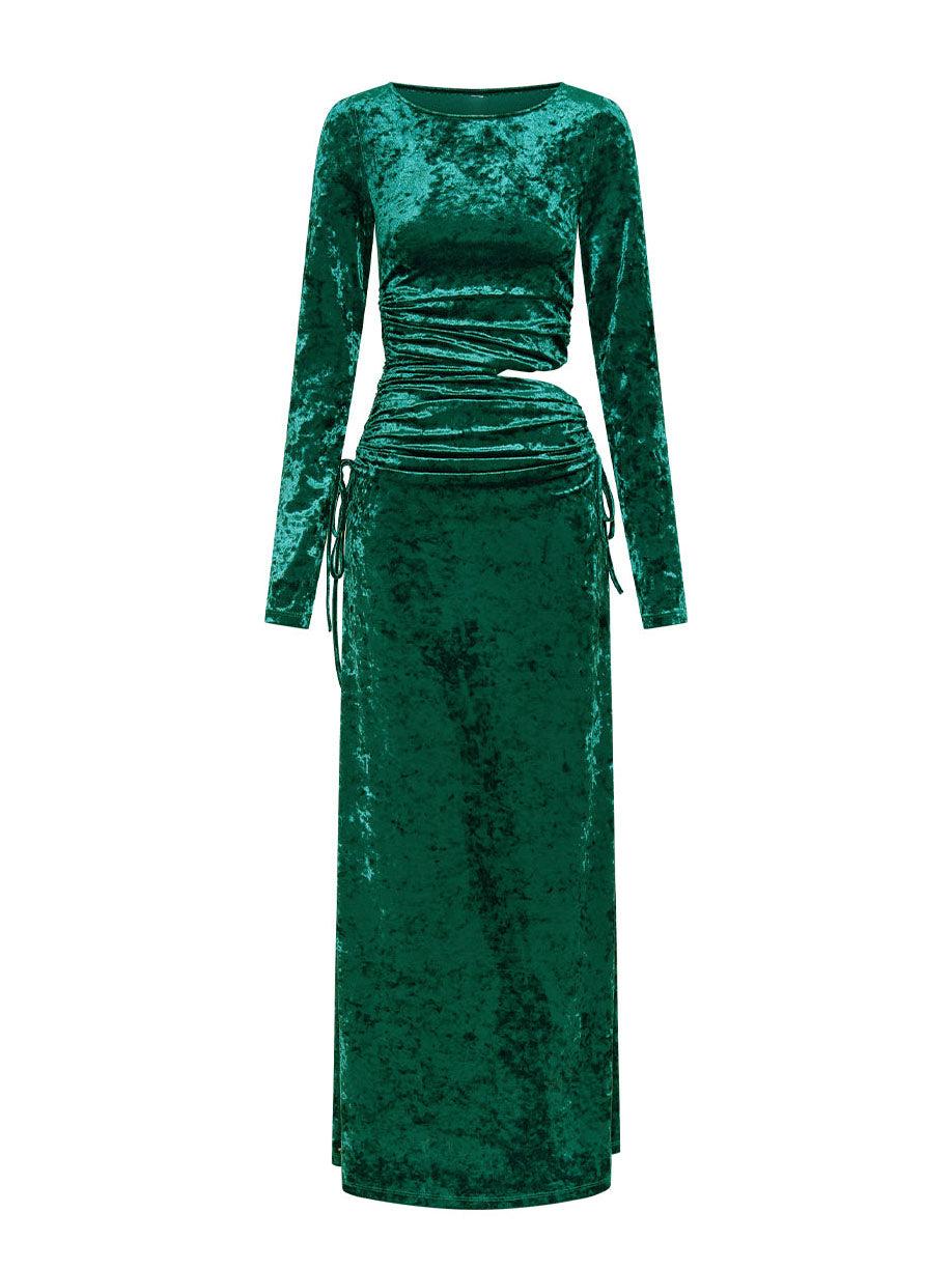 Aurohaya Modern Cutout Shirred Diamond Velvet Maxi Dress