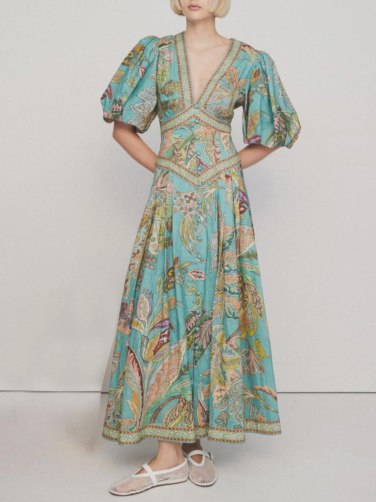 Aurohaya Unique Satin Vintage Floral Print Puff Sleeve Midi Dress Green