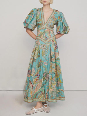 Aurohaya Unique Satin Vintage Floral Print Puff Sleeve Midi Dress Green
