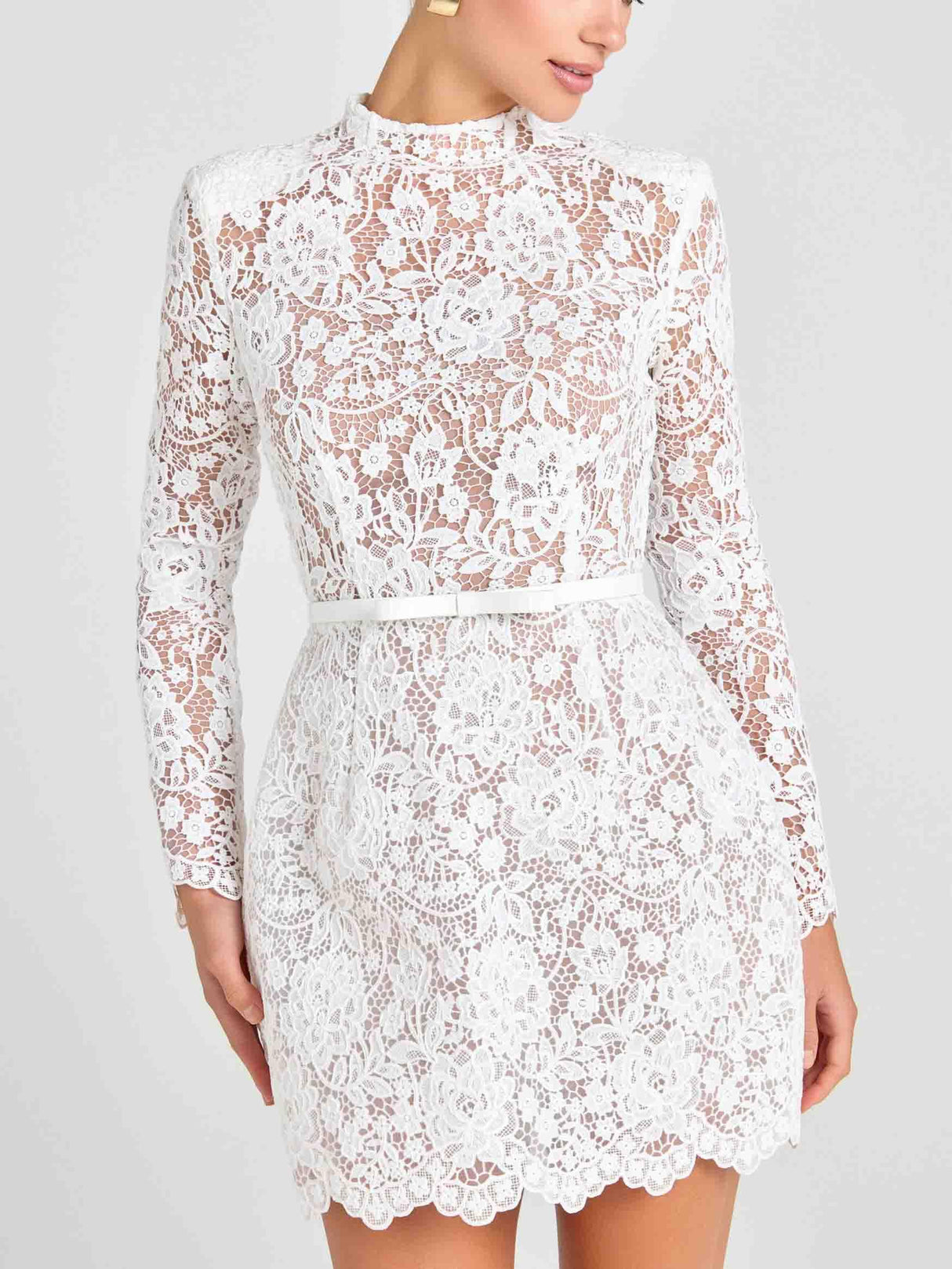 Aurohaya Elegant Floral Lace Long Sleeve Cutout Mini Dress White