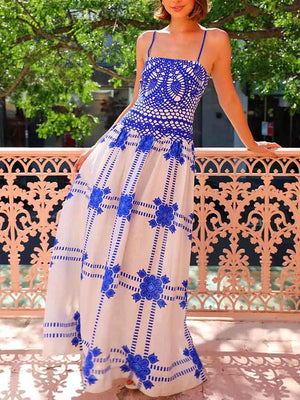 Aurohaya Unique Painted Crochet Floral Print Midi Dress