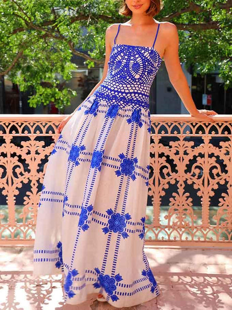Aurohaya Unique Painted Crochet Floral Print Midi Dress