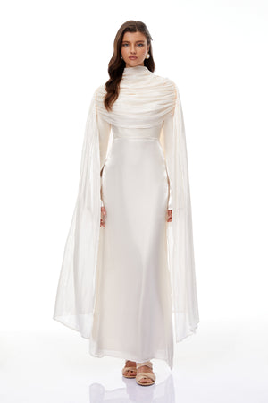 Aurohaya Hege Cream Glossy Ruched Cape Maxi Dress