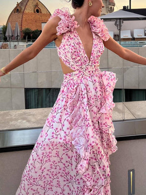 Aurohaya Deep V-neck Floral Hollow Maxi Dress