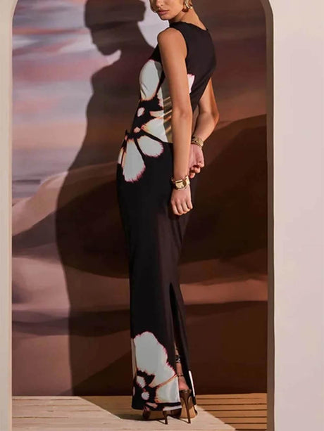 Aurohaya Classic Floral Print Open Waist Maxi Dress