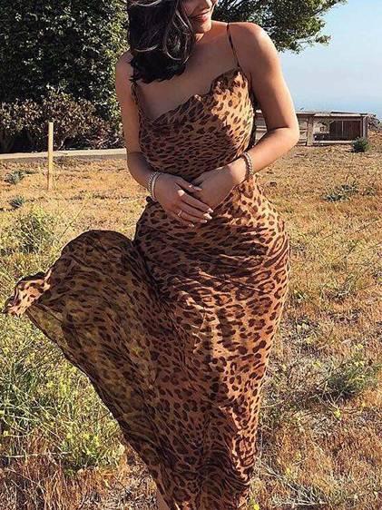 Aurohaya Suspender Backless Leopard Print Dress