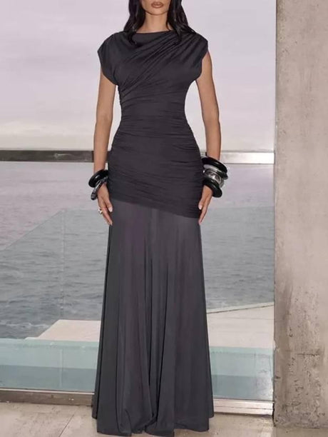 Aurohaya Pleated Design Spliced See-through Skirt Maxi Dress Black