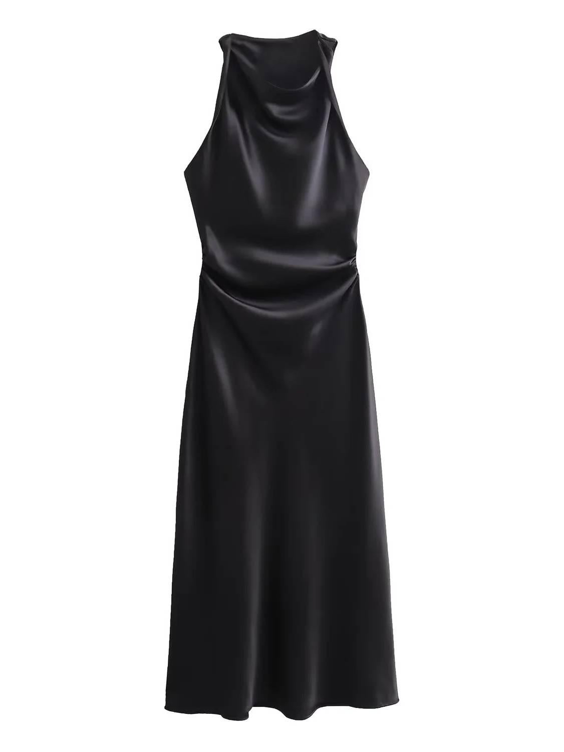 Aurohaya Sleeveless Satin Maxi Dress Black