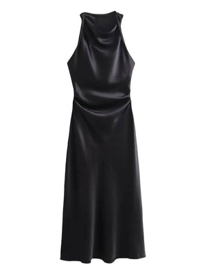Aurohaya Sleeveless Satin Maxi Dress Black