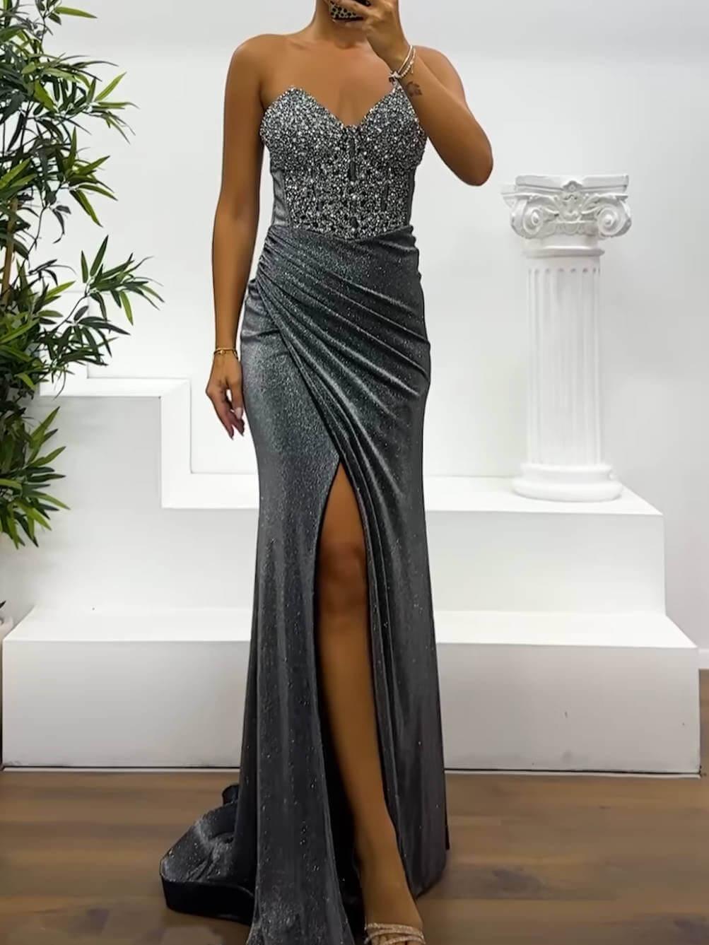 Aurohaya Sequined Side Slit Off-The-Shoulder Dress