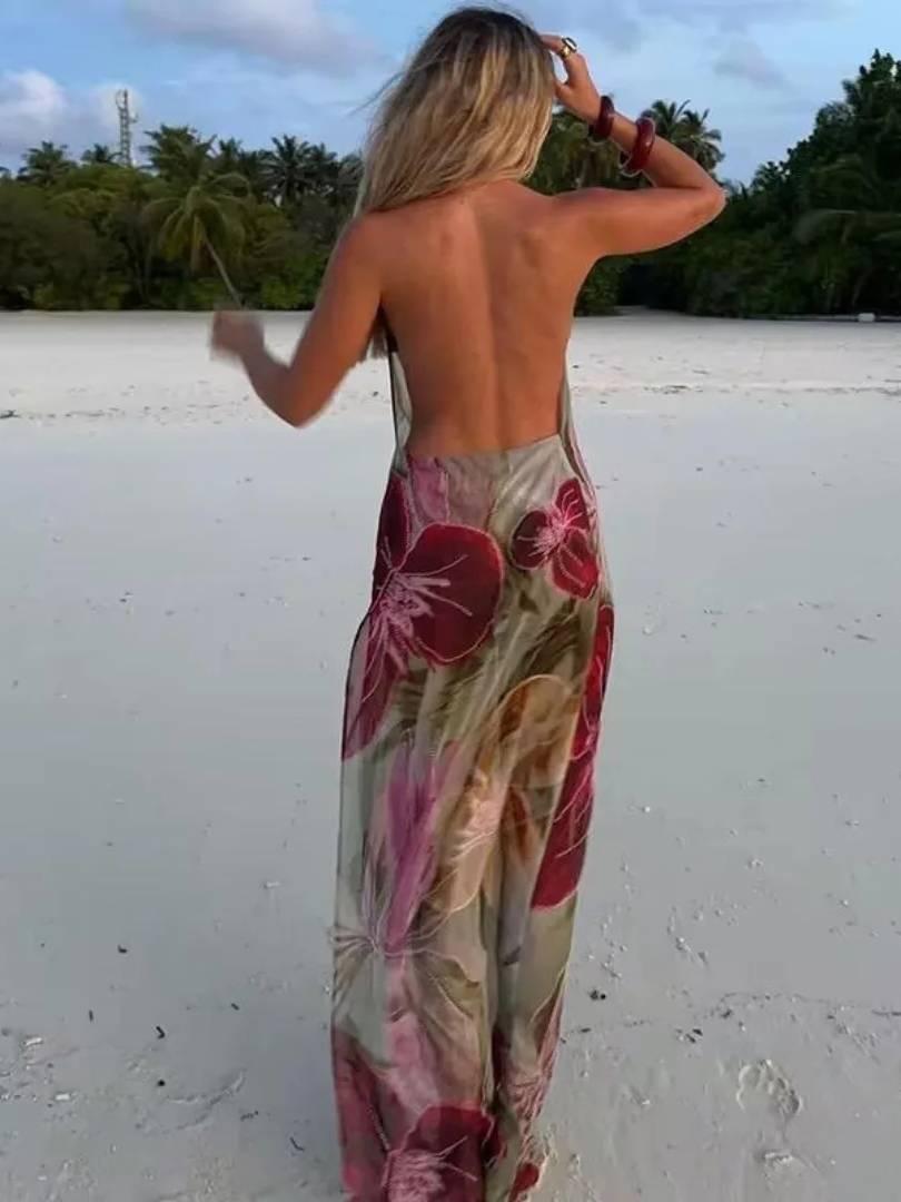 Aurohaya Halter Neck Backless High Slit Printed Dress