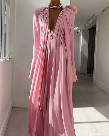 Aurohaya Three-Dimensional Flower Deep V Pleated Maxi Dress