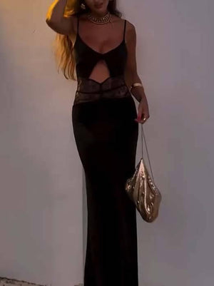Aurohaya Sexy Lace Splicing Hollow Design Maxi Dress