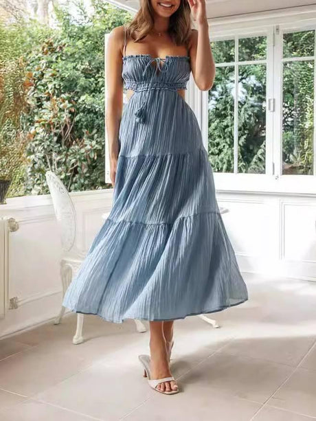 Aurohaya Sling Hollow Backless Large Pendulum Dress Blue